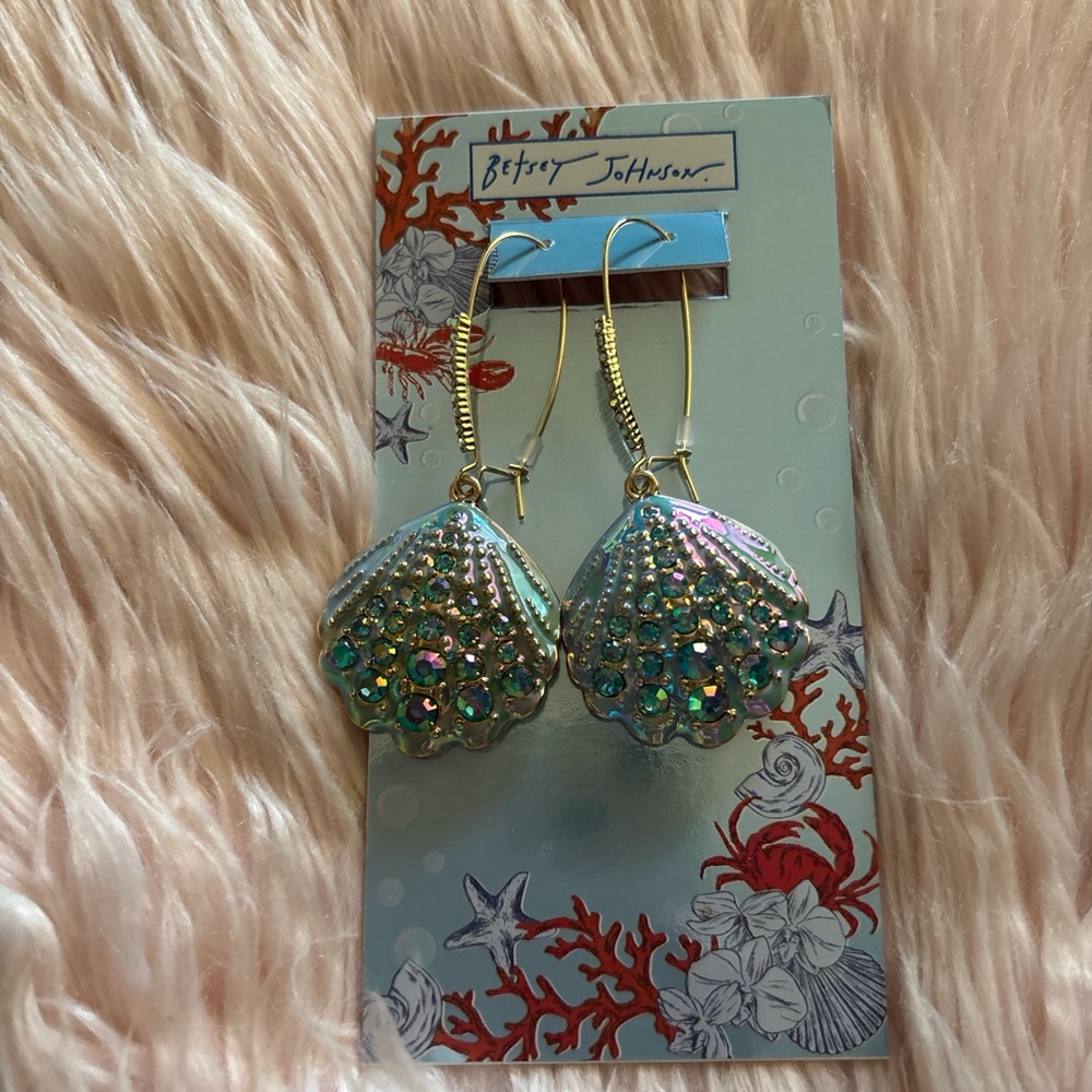Betsey Johnson Iridescent Aqua Shell Crystal Dangle Earrings
